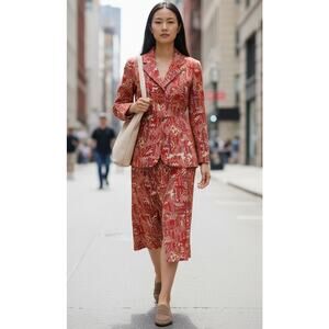 Vintage Patty Woodard California Blazer Skirt Set Red Tapestry Jacquard Size 10